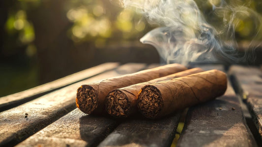 Three cigars on a wooden table with smoke coming out