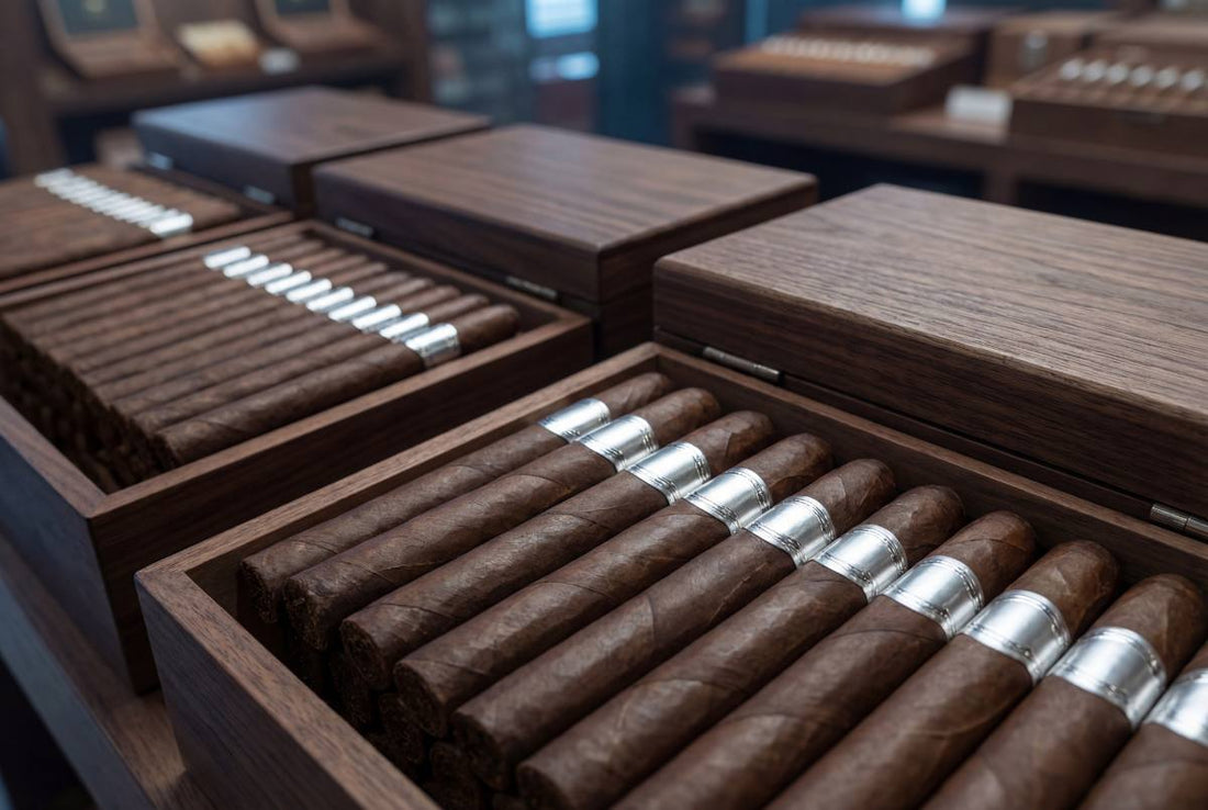 Neatly stacked cigars with silver bands inside elegant dark wooden boxes