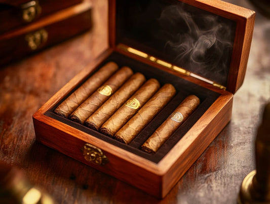 Luxury cigars arranged in an elegant wooden box