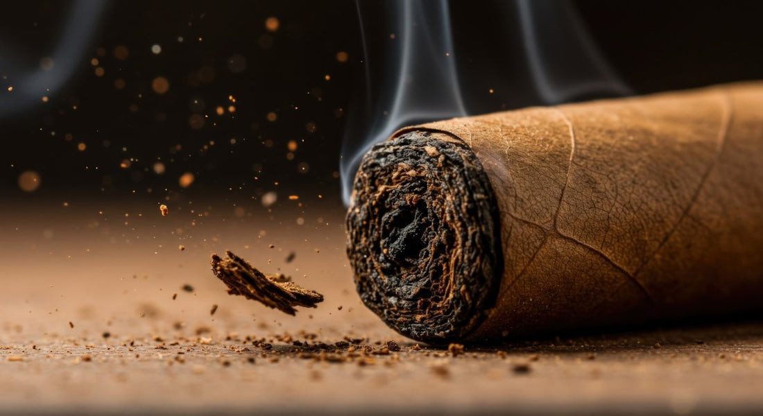 Smoldering cigar with smoke and ash close up