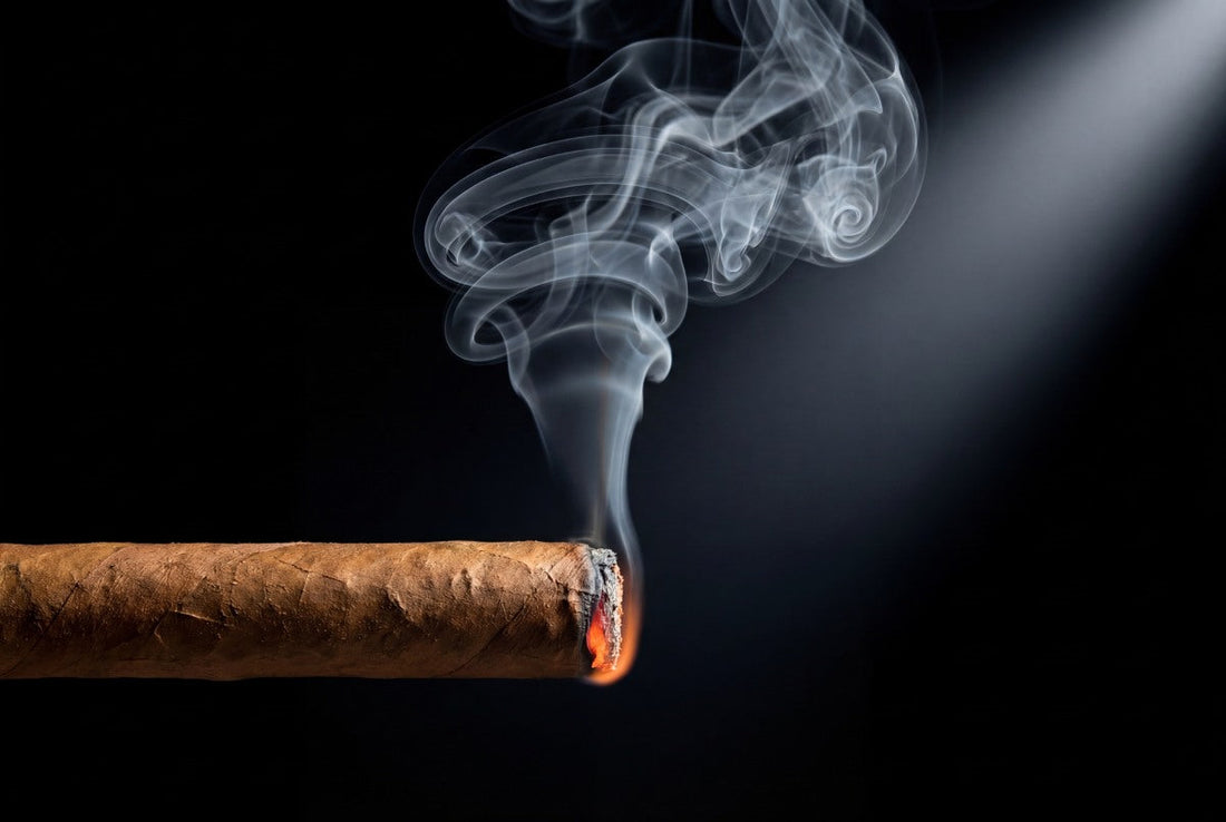 Lit cigar with ash and rising smoke on black background