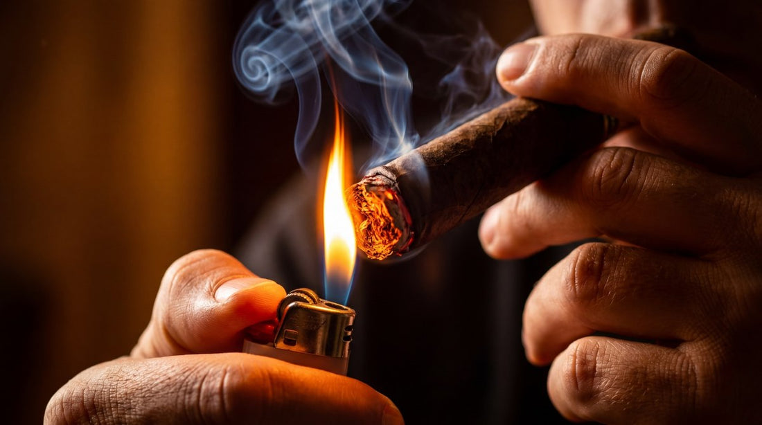 Close-up of a person lighting a cigar with a lighter