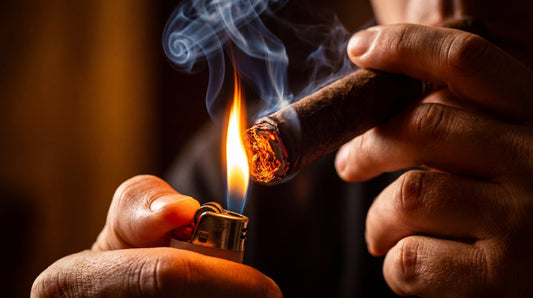 Close-up of a person lighting a cigar with a lighter