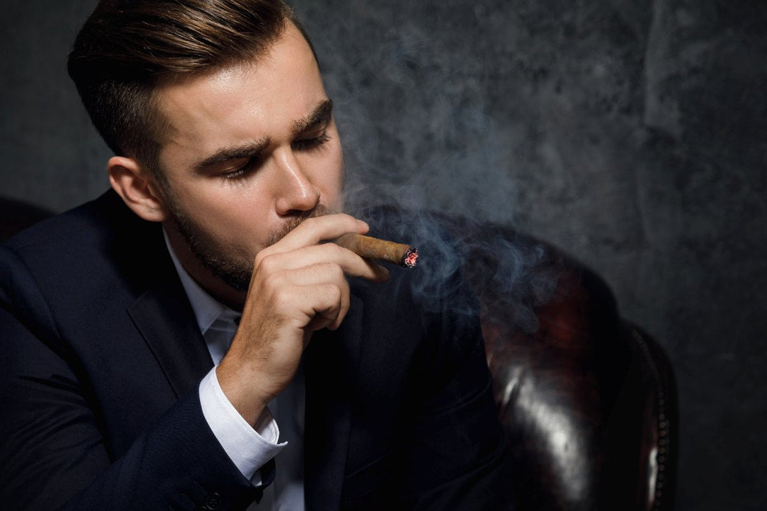 Portrait of handsome rich man is smoking cigar
