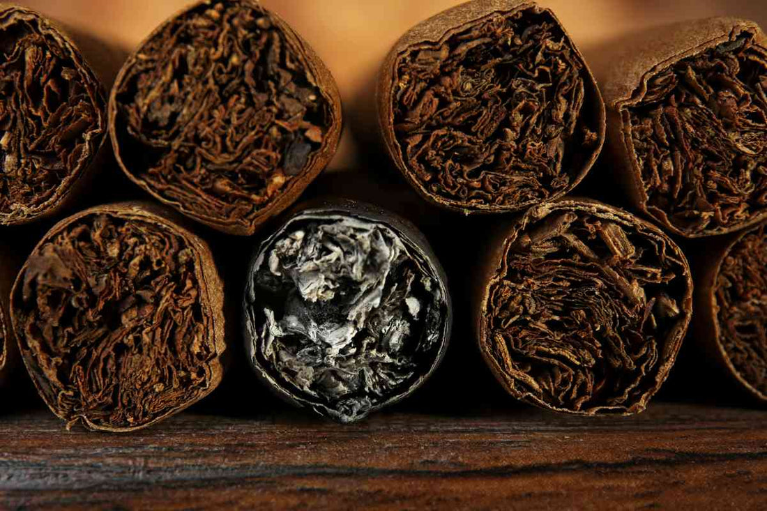Close up of lit cigar and ash on a wooden table