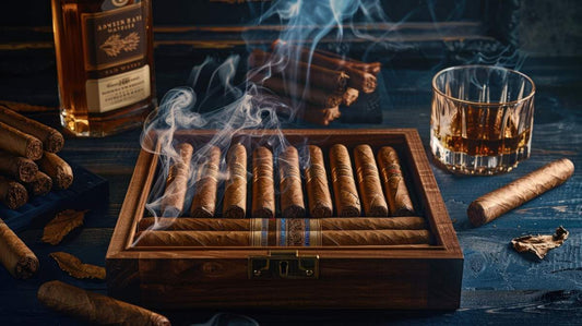 Cigar and liquor still life with smoke