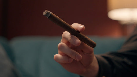 Close up unknown successful Caucasian man guy unrecognizable rich businessman male hand holding cigar smoking
