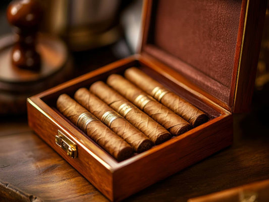 Elegant wooden box filled with premium cigars on a rustic table