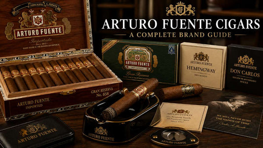 premium cigars arranged in an open cedar humidor with a cigar cutter and ashtray in a luxurious lounge