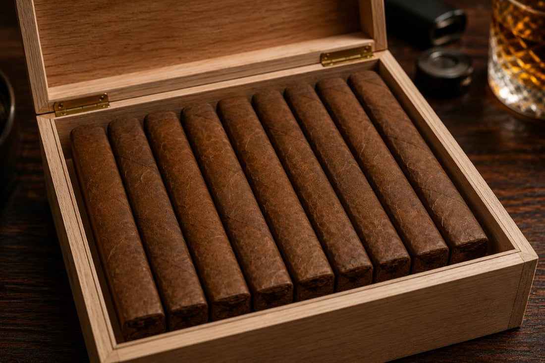 Open wooden humidor containing neatly arranged unbanded box-pressed cigars with square edges
