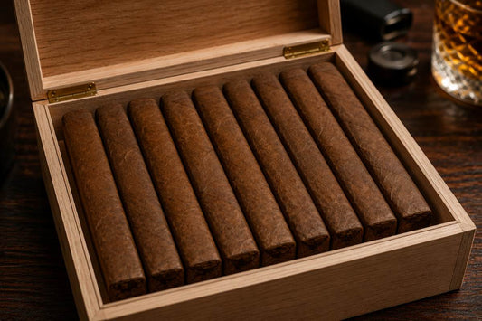 Open wooden humidor containing neatly arranged unbanded box-pressed cigars with square edges