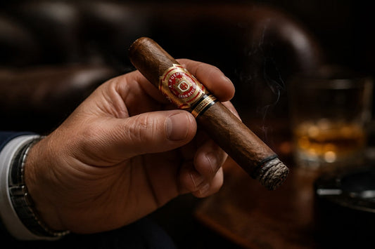 Close-up of a man's hand holding a lit premium cigar with a steady ash