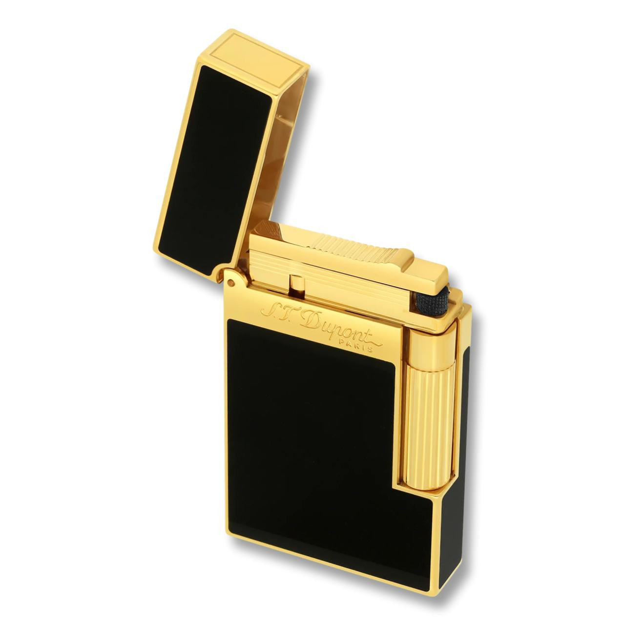 S.T. Dupont Lacquer Line 2 Double Soft Flame Cigar Lighter - Black Lacquer and Gold - Lid Flipped Open