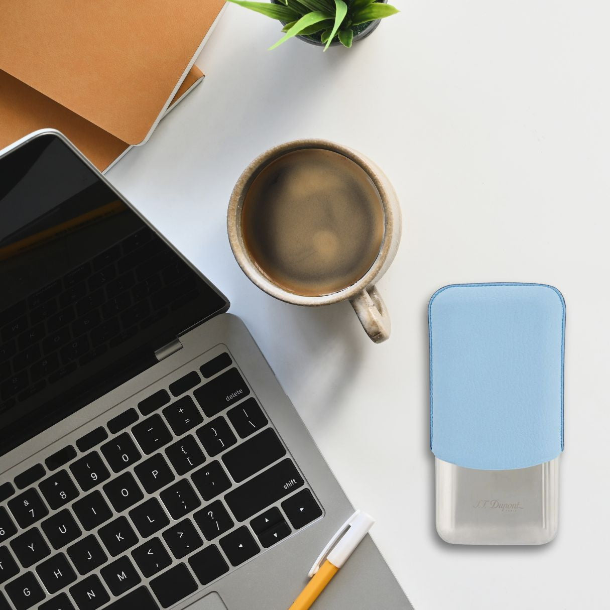 S.T. Dupont Leather and Chrome Metal 3-Finger Hard Cigar Cases - Turquoise and Chrome - Flatlay