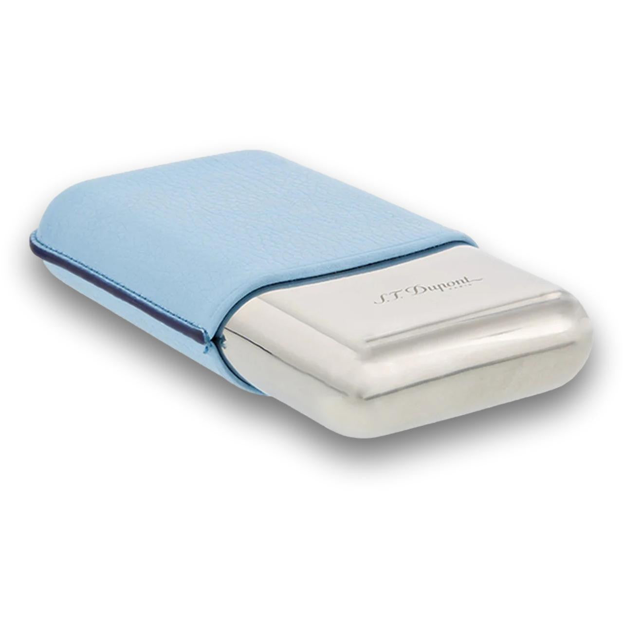 S.T. Dupont Leather and Chrome Metal 3-Finger Hard Cigar Cases - Turquoise and Chrome - Right Facing