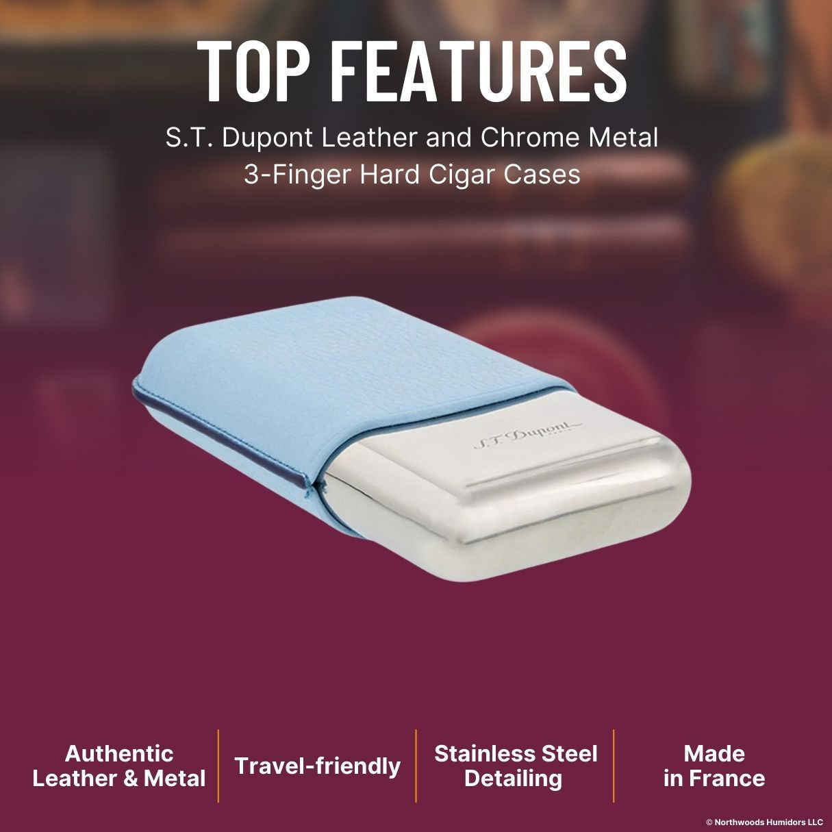 S.T. Dupont Leather and Chrome Metal 3-Finger Hard Cigar Cases - Turquoise and Chrome - Top Features