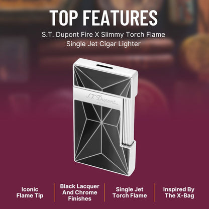 S.T. Dupont Fire X Slimmy Torch Flame Single Jet Cigar Lighter - Black & Chrome - Top Features