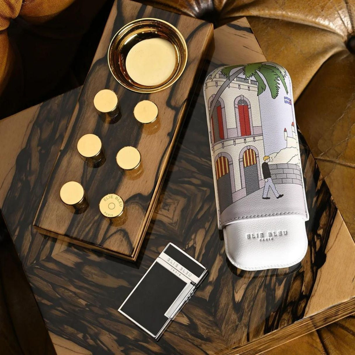 Elie Bleu Casa Cubana Leather 2-Finger Soft Cigar Case - Flat Lay