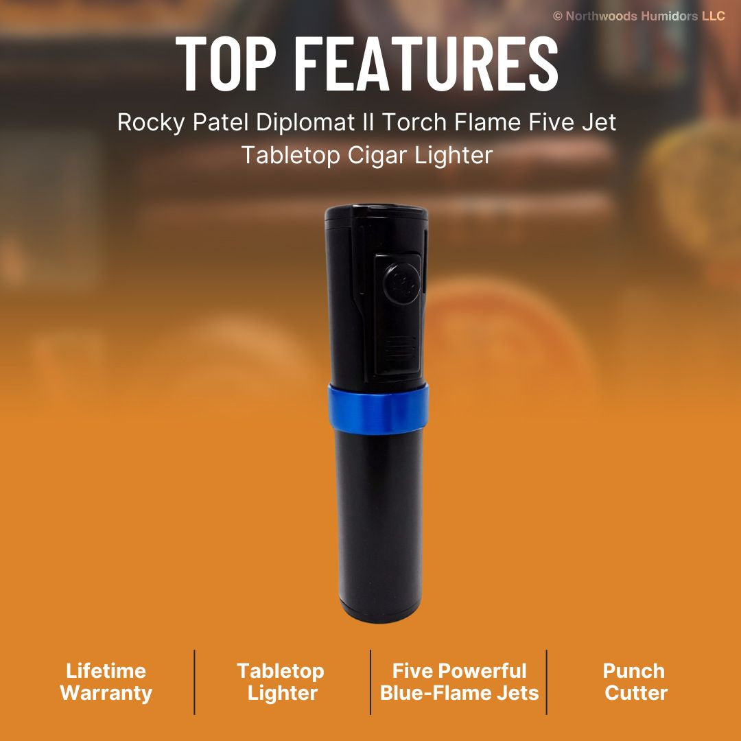 Rocky Patel Diplomat II Torch Flame Five Jet Tabletop Cigar Lighter - Thin Blue Line - Top Features
