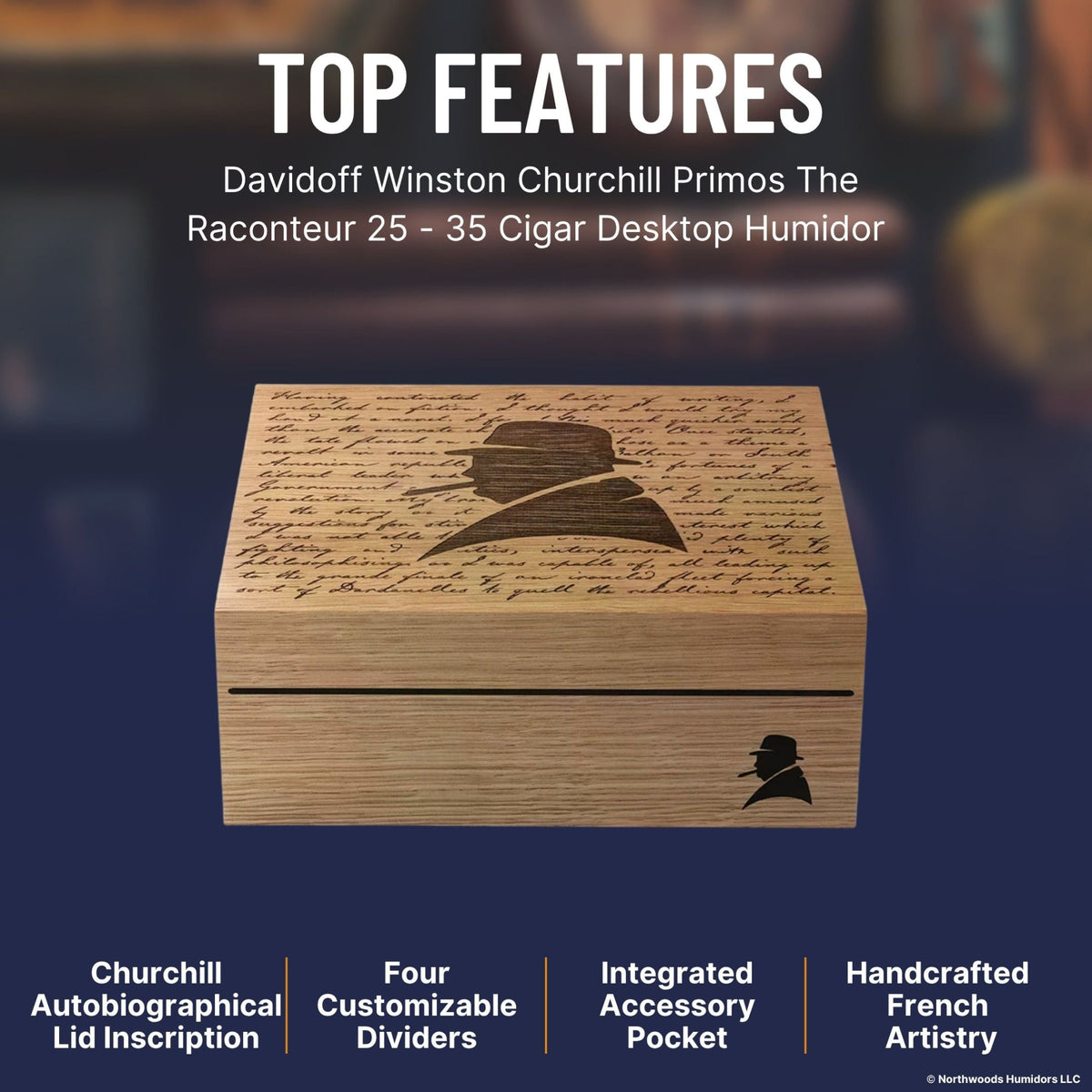 Davidoff Winston Churchill Primos The Raconteur 25 - 35 Cigar Desktop Humidor   - Top Features Image 