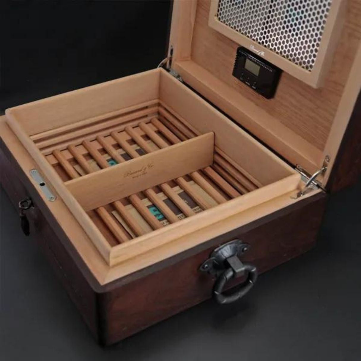 Brizard & Co Hacienda Walnut 70-Cigar Desktop Humidor - Lid Flipped Open Left Facing Interior Details