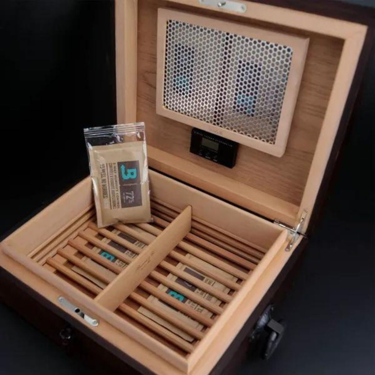 Brizard & Co Hacienda Walnut 70-Cigar Desktop Humidor - Lid Flipped Open Left Facing