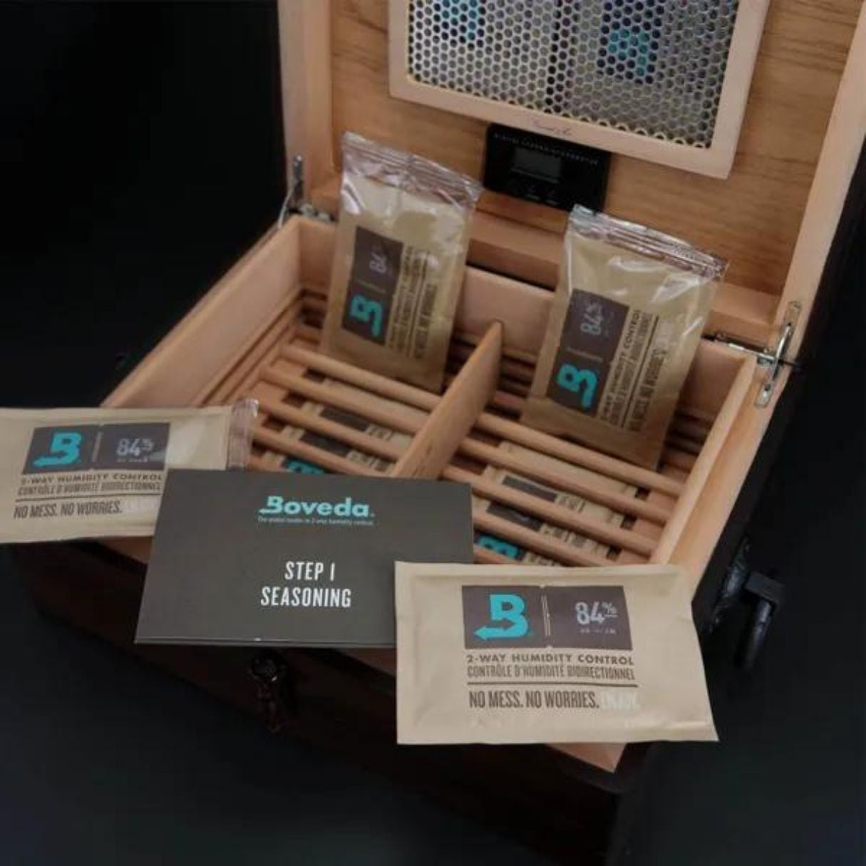 Brizard & Co Hacienda Walnut 70-Cigar Desktop Humidor - Lid Flipped Open Left Facing with Humidity Control Pack