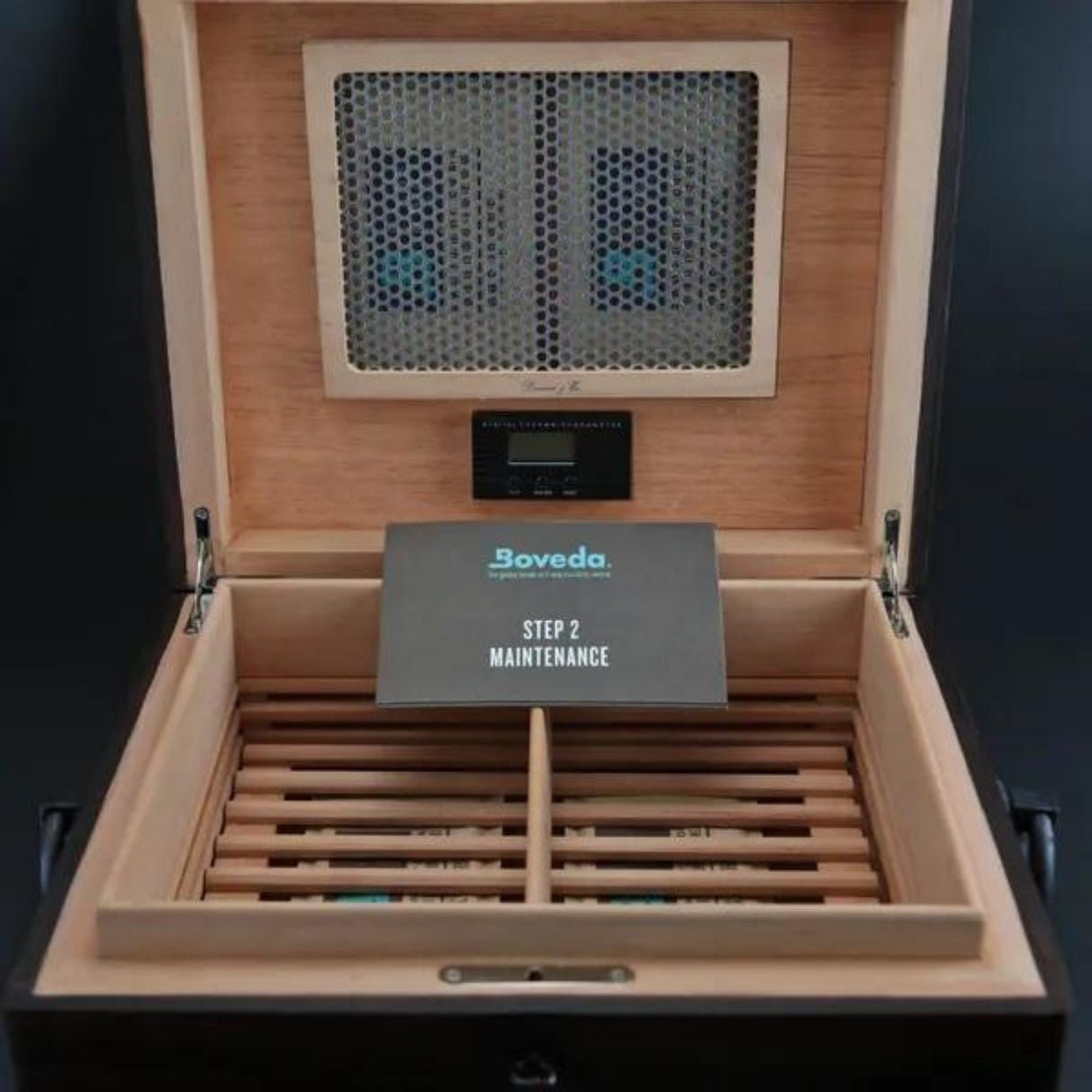 Brizard & Co Hacienda Walnut 70-Cigar Desktop Humidor - Lid Flipped Open Front Facing