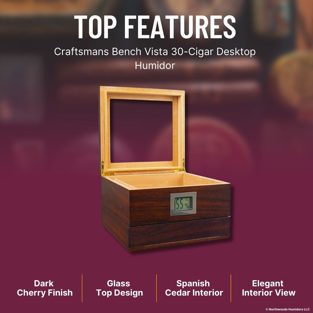 Craftsmans Bench Vista 30-Cigar Desktop Humidor - Top Features