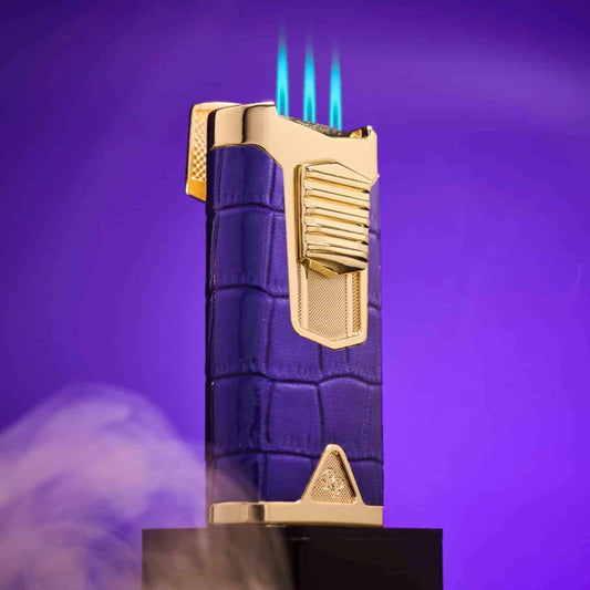 Rocky Patel Statesman Torch Flame Triple Jet Cigar Lighter - Gold & Purple Leather - Main Image