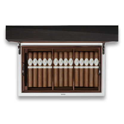 Davidoff Air De Famille Series II Smoked Oak Ambassador Brilliant 80-Cigar Desktop Humidors - Lid Flipped Open with Cigars