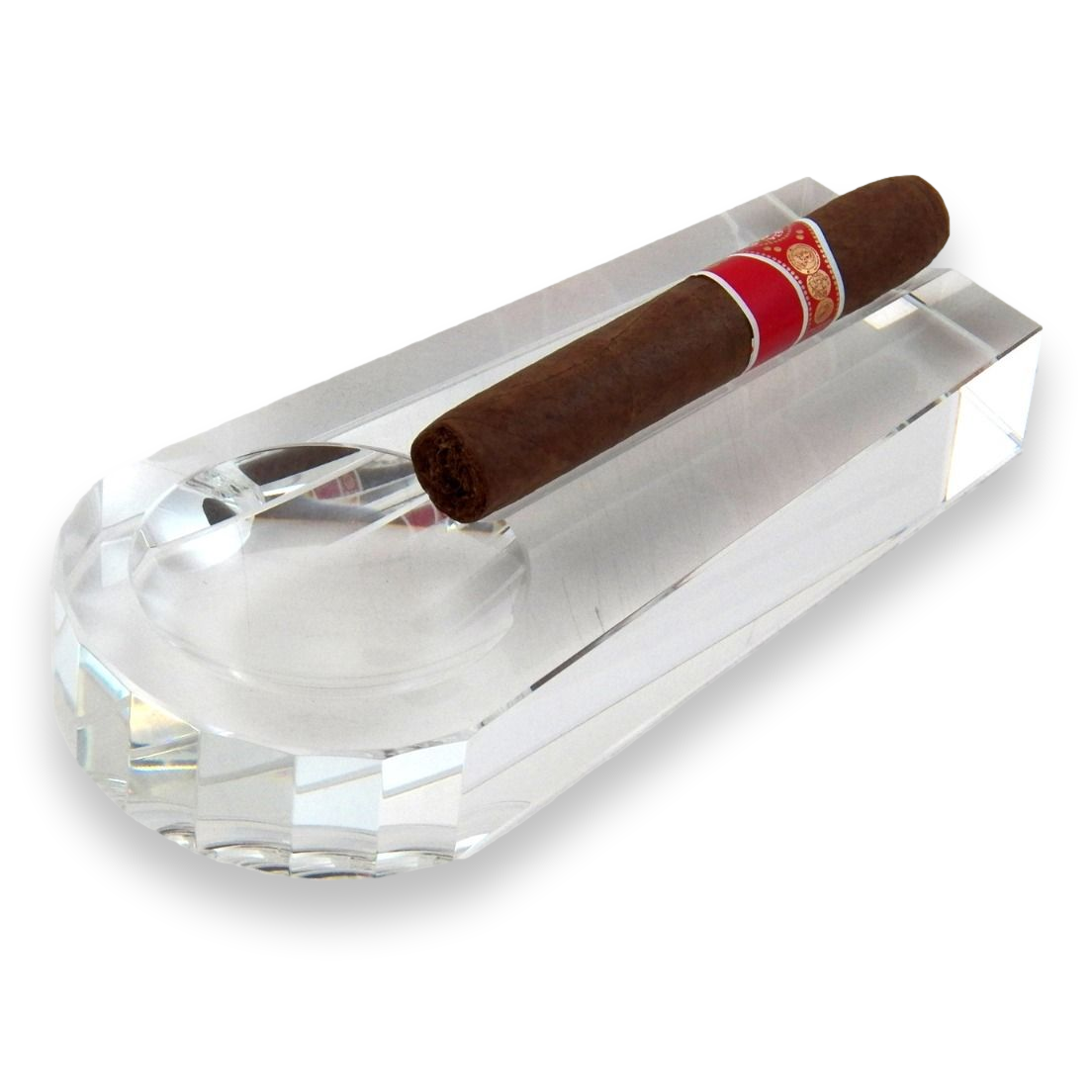 Bey-Berk Compact Crystal 1-Cigar Ashtray  - Exterior Front Left with Cigar