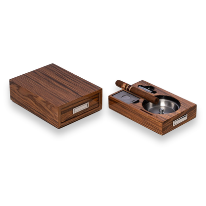Bey-Berk Olive Wood 1-Cigar Ashtray - with Cutter and Punch  - Exterior Front with Cigar