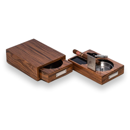 Bey-Berk Olive Wood 1-Cigar Ashtray - with Cutter and Punch  - Exterior Front with Cutter