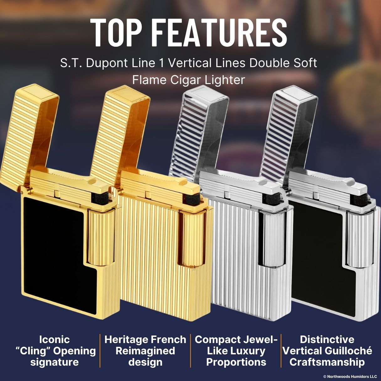 S.T. Dupont Line 1 Vertical Lines  Double Soft Flame Cigar Lighter - Top Features