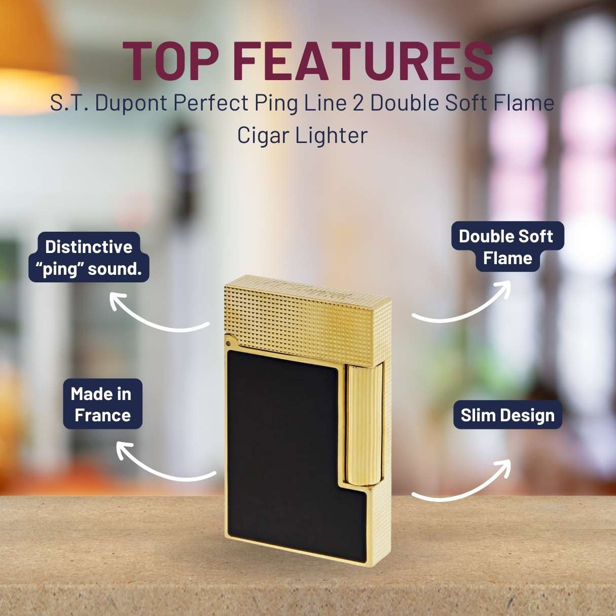 S.T. Dupont Perfect Ping Line 2 Double Soft Flame Cigar Lighter - Micro Diamond Head Gold and Black Laquer - Top Features