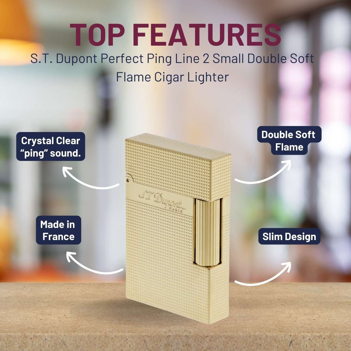 S.T. Dupont Perfect Ping Line 2 Double Soft Flame Cigar Lighter - Micro Diamond Head Gold and Black Laquer - Top Features