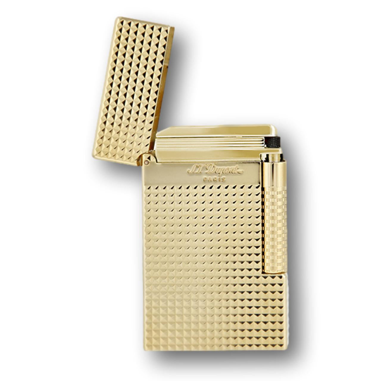 S.T. Dupont Perfect Ping Le Grand Dual Soft and Torch Flame Cigar Lighter - Diamond Head Yellow Gold - Lid Flipped Open Front