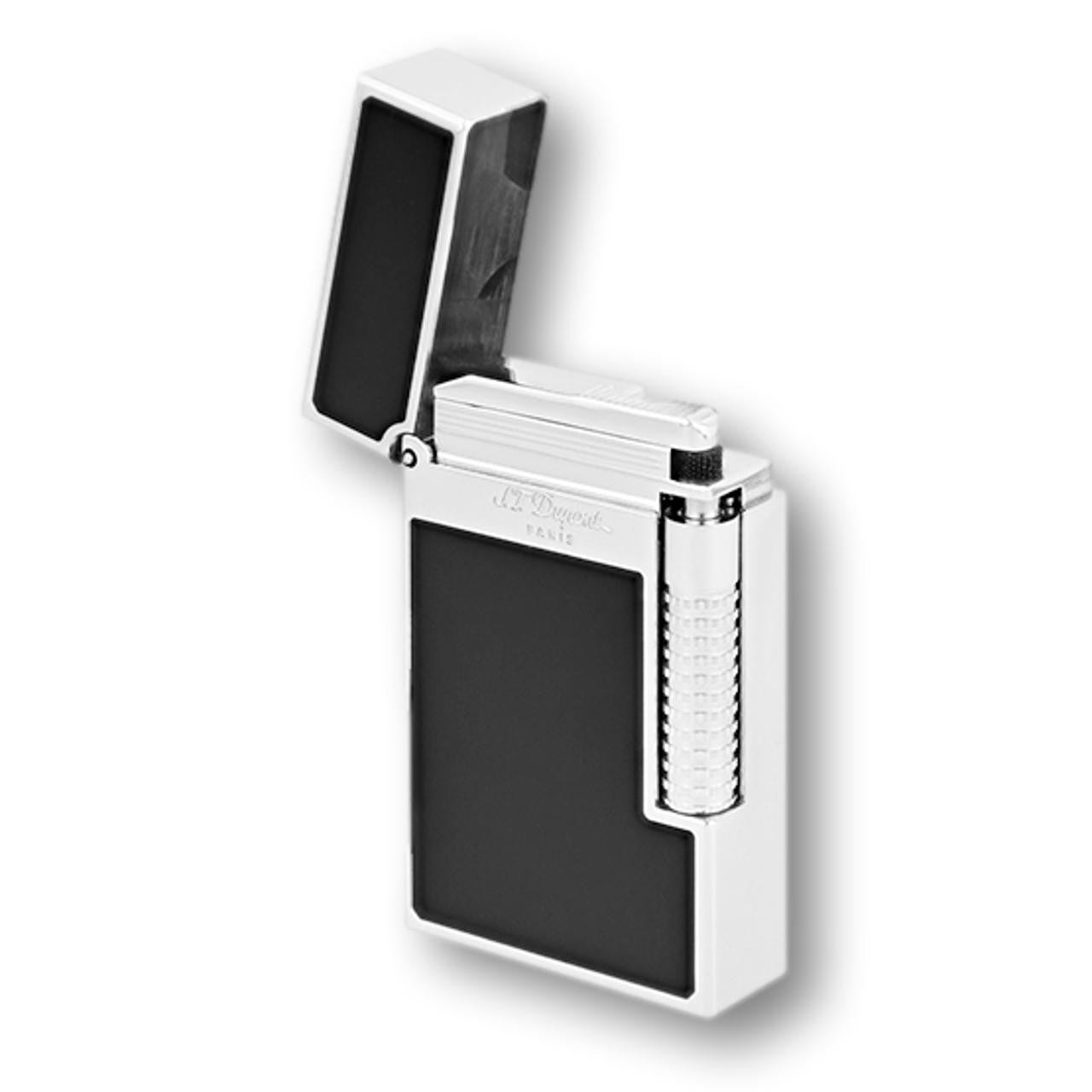 S.T. Dupont Lacquer Le Grand Dual Soft and Torch Flame Cigar Lighter - Black Palladium -  Lid Flipped Open Left Facing