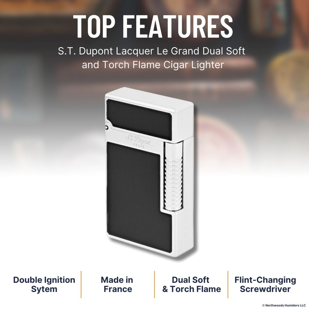 S.T. Dupont Lacquer Le Grand Dual Soft and Torch Flame Cigar Lighter - Black Palladium - Top Features