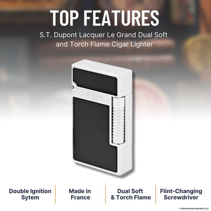 S.T. Dupont Lacquer Le Grand Dual Soft and Torch Flame Cigar Lighter - Black Palladium - Top Features