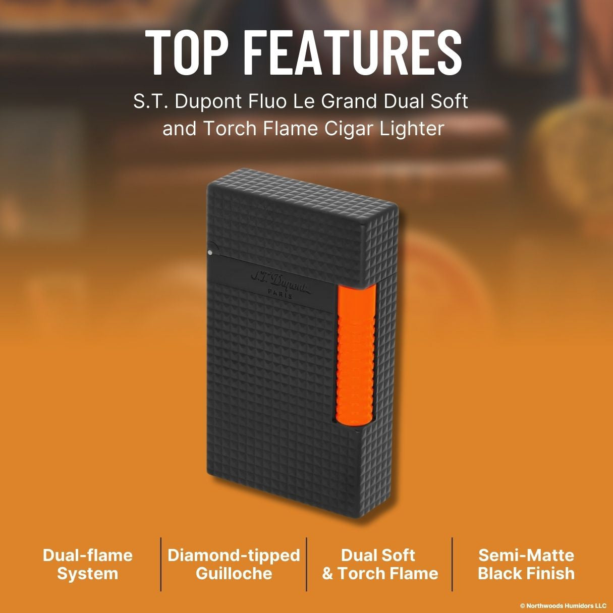 S.T. Dupont Fluo Le Grand Dual Soft and Torch Flame Cigar Lighter - Orange - Top Features