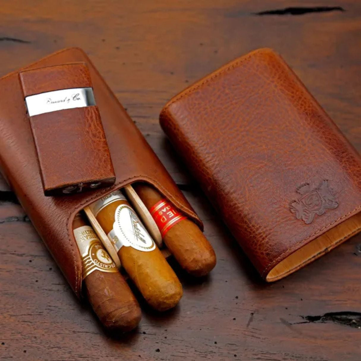 Brizard & Co Show Band Antique Saddle Leather 3-Finger Hard Cigar Case - Collection 1