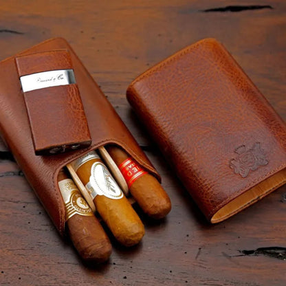 Brizard & Co Show Band Antique Saddle Leather 3-Finger Hard Cigar Case - Collection 1