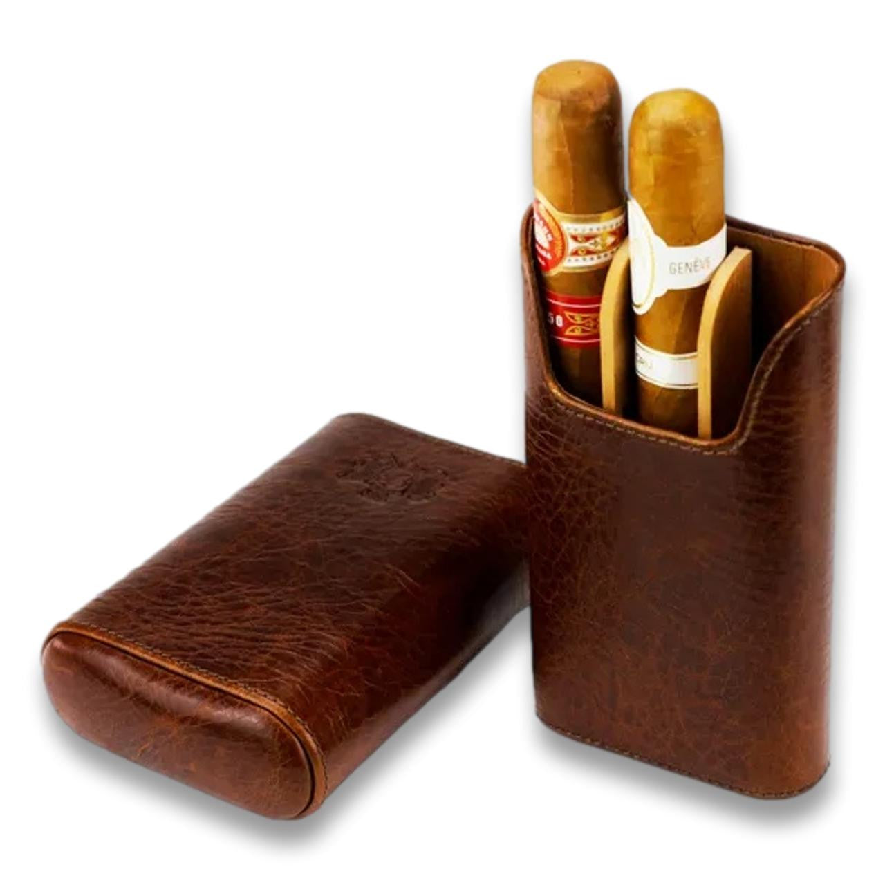 Brizard & Co Show Band Antique Saddle Leather 3-Finger Hard Cigar Case - Main Image - Front Side