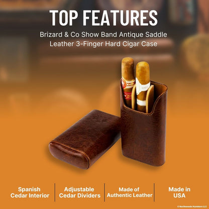 Brizard & Co Show Band Antique Saddle Leather 3-Finger Hard Cigar Case - Top Features