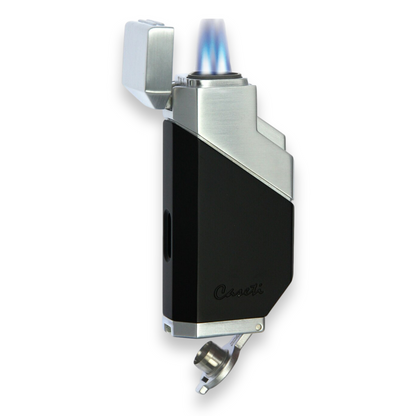 Caseti Cozmo Torch Flame Triple Jet Cigar Lighter - Matte Black - Interior Front with Flame