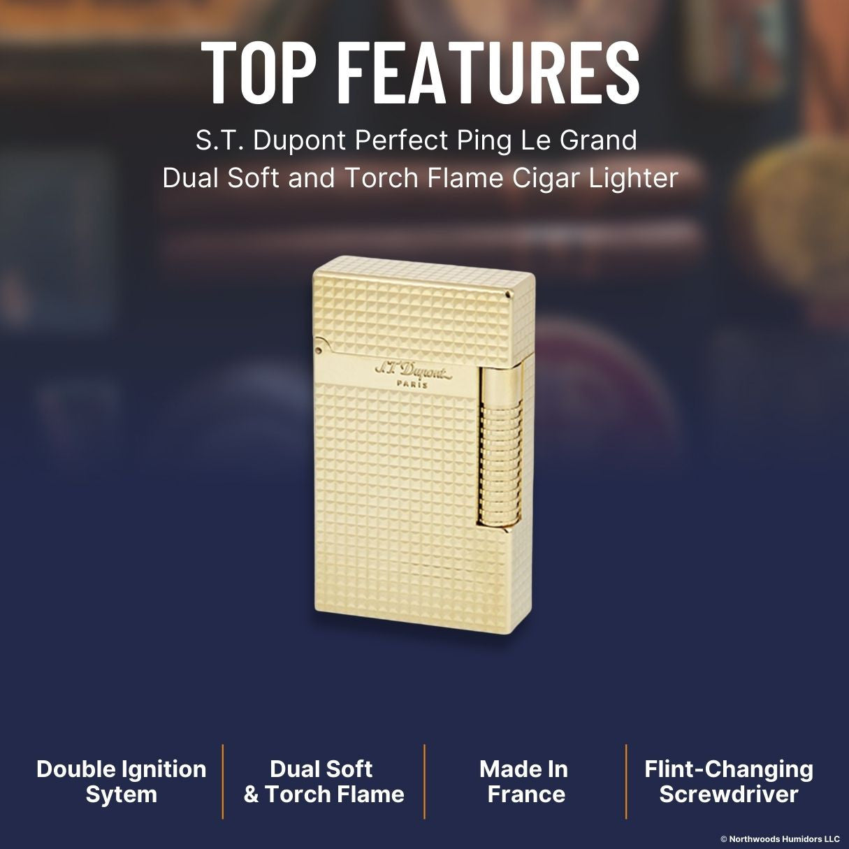 S.T. Dupont Perfect Ping Le Grand Dual Soft and Torch Flame Cigar Lighter - Diamond Head Yellow Gold - Top Features