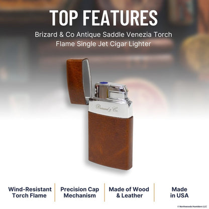Brizard & Co Antique Saddle Venezia Torch Flame Single Jet Cigar Lighter - Top Features