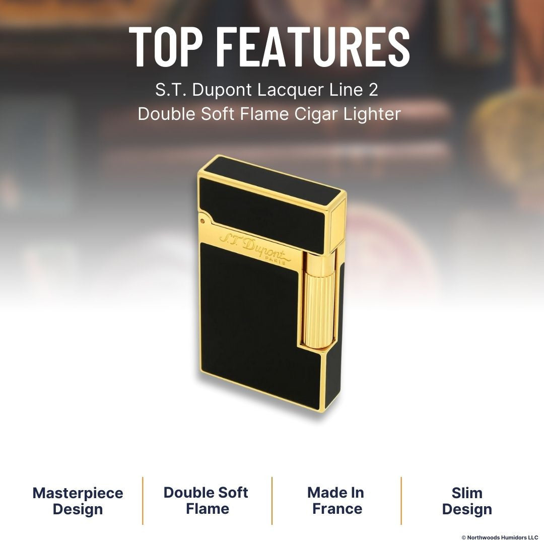 S.T. Dupont Lacquer Line 2 Double Soft Flame Cigar Lighter - Black Lacquer and Gold - Top Features
